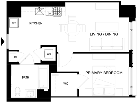 Floor plan for 1 bed, 1 bath, 528 sqft